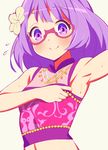  9law aikatsu!_(series) aikatsu_stars! armpits blush flower glasses hair_flower hair_ornament nanakura_koharu pink-framed_eyewear purple_eyes purple_hair semi-rimless_eyewear short_hair smile solo sweat under-rim_eyewear 