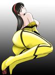  areolae black_hair bodysuit breasts brown_eyes chiba_shuusaku female hairband large_breasts legs_together long_hair looking_at_viewer looking_back lying nipples on_side open_clothes pose saijou_miki sideboob smile solo topless uchuu_senkan_yamato uchuu_senkan_yamato_2199 undressing unzipped 