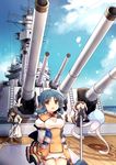  :d absurdres animal_ears atui_(utawareru_mono) battleship bird blue_hair brown_hair cloud commentary_request day deck haku_(utawareru_mono) highres jiang-ge military military_vehicle mop multiple_girls ocean open_mouth orange_eyes ship short_hair sky smile turret uss_missouri_(bb-63) utawareru_mono utawareru_mono:_itsuwari_no_kamen warship water watercraft 