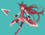  black_legwear blue_background boots bow hair_bow knee_boots long_hair magical_girl mahou_shoujo_madoka_magica open_mouth polearm ponytail red_eyes red_footwear red_hair sakura_kyouko simple_background solo spear srx61800 thighhighs weapon 