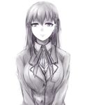  bangs breasts fate/stay_night fate_(series) hair_between_eyes hometa homurahara_academy_uniform large_breasts long_hair looking_at_viewer matou_sakura monochrome ribbon school_uniform simple_background sketch solo white_background 