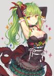  :3 ahoge armpits arms_behind_head arms_up asymmetrical_hair bare_shoulders black_choker black_dress black_gloves blush breasts choker cleavage close-up cowboy_shot detached_collar dress elbow_gloves emerald frilled_choker frilled_dress frilled_gloves frills gem gloves green_hair grey_background highres large_breasts layered_dress long_hair looking_at_viewer momoko_(momopoco) original red_ribbon ribbon ribbon-trimmed_clothes ribbon_trim side_ponytail simple_background smile solo sparkle standing yellow_eyes yukari_(momoko) 