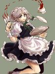  apron between_fingers black_dress blood bloody_knife bloody_weapon cup dress grey_eyes izayoi_sakuya knife looking_at_viewer maid maid_headdress namuko puffy_short_sleeves puffy_sleeves shirt short_sleeves silver_hair solo spilling teacup throwing_knife touhou tray waist_apron weapon wrist_cuffs 