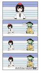  2girls 4koma :o black_hair black_ribbon bow collared_shirt comic eyeball eyebrows eyebrows_visible_through_hair green_eyes green_hair hat hat_bow hat_ribbon highres komeiji_koishi long_sleeves multiple_girls pointy_ears puffy_short_sleeves puffy_sleeves red_eyes ribbon shameimaru_aya shiozaki16 shirt short_hair short_sleeves skirt sleeping string surprised sweatdrop third_eye tokin_hat touhou wide_sleeves 