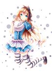  alice_(wonderland) alice_in_wonderland black_ribbon blonde_hair blue_eyes dress frilled_dress frills hair_ribbon highres light_brown_hair long_hair ribbon solo striped striped_legwear thighhighs wsman 