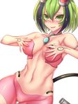  bare_arms bare_shoulders black_hair blush breasts bridgeless_bra cleavage collar collarbone covered_nipples dimension_w fi-san green_eyes green_hair hair_ornament hairpin hands_on_own_chest headgear large_breasts looking_at_viewer midriff multicolored_hair navel pink_shorts short_hair shorts solo stomach streaked_hair tattoo thigh_gap transparent_background wavy_mouth yurizaki_mira 