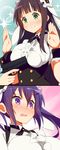  9law alternate_costume at_gunpoint blush breast_press breasts brown_hair fleur_de_lapin_uniform frills gochuumon_wa_usagi_desu_ka? green_eyes gun highres impossible_clothes large_breasts long_hair matching_outfit multiple_girls open_mouth purple_eyes purple_hair smile tedeza_rize threat twintails ujimatsu_chiya weapon 