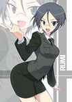  bangs black_hair blue_eyes character_name commentary_request contrapposto girls_und_panzer glasses hair_between_eyes hand_up harukon_(halcon) highres jacket looking_at_viewer military military_uniform miniskirt necktie open_mouth parted_bangs pencil_skirt rumi_(girls_und_panzer) selection_university_military_uniform skirt smile solo standing uniform zoom_layer 