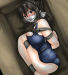 bare_shoulders black_eyes black_hair blush bondage box breast_press breasts cloth_gag gag in_box in_container large_breasts long_hair looking_at_viewer lying on_side over_the_nose_gag rope school_swimsuit solo sweat swimsuit 