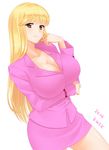  2014 akimoto_katherine_reiko artist_name bad_id bad_pixiv_id blonde_hair blush breast_hold breasts cleavage collarbone commentary_request contrapposto cowboy_shot formal kochikame kwsk large_breasts long_hair long_sleeves looking_at_viewer miniskirt office_lady pencil_skirt pink_skirt pink_suit shiny shiny_skin simple_background skirt skirt_set skirt_suit smile solo standing suit thighs white_background yellow_eyes 
