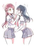  bad_id bad_twitter_id blue_hair cheek_poking from_side grey_skirt hair_bun hair_ornament long_hair love_live! love_live!_sunshine!! miniskirt multiple_girls nakayama_miyuki poking profile puffy_short_sleeves puffy_sleeves red_hair sakurauchi_riko school_uniform see-through_silhouette serafuku short_sleeves skirt smile translated tsushima_yoshiko uranohoshi_school_uniform yuri 