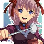  :d belt blue_eyes bow bowl breasts brown_hair choker coat dress enoo hair_ribbon holding ladle long_hair lowres medium_breasts oekaki open_mouth outline raquel_applegate ribbon smile solo twintails wild_arms wild_arms_4 