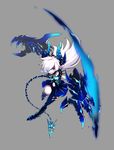  armor asymmetrical_clothes black_armor blue_eyes blue_skirt claws demon_tail diabla_(elsword) elsword full_body grey_background grin hair_over_one_eye highres horns hwansang long_hair looking_at_viewer luciela_r._sourcream official_art single_pantsleg skirt smile solo symbol-shaped_pupils tail white_hair 