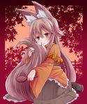  animal_ears brown_hair brown_skirt brush brushing combing fox_ears fox_tail frilled_skirt frills full_body holding holding_own_tail leaf long_hair long_sleeves looking_at_viewer maple_leaf noa_(nagareboshi) original red_eyes sitting skirt solo tail tail_brushing very_long_hair wariza wide_sleeves 