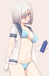  :d arm_at_side bikini blue_bikini blue_eyes blush bottle breasts cleavage collarbone cowboy_shot gloves groin hair_ornament hair_over_one_eye hairclip hamakaze_(kantai_collection) head_tilt highres holding holding_bottle kantai_collection looking_at_viewer medium_breasts midriff mikazuchi_zeus navel open_clothes open_mouth open_shirt orange_background shirt short_sleeves silver_hair simple_background smile solo standing stomach swimsuit thighs water_bottle white_gloves 