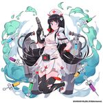  black_hair breasts ddal hand_on_hip hat highres large_breasts long_hair looking_at_viewer nurse nurse_cap solo syringe thighhighs torn_clothes very_long_hair 