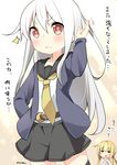  :&lt; absurdres alternate_costume arm_up artist_name bare_shoulders belt black_legwear black_skirt blonde_hair blue_jacket blush closed_eyes commentary_request cosplay crescent crescent_moon_pin hair_between_eyes hand_on_hip highres jacket kantai_collection kikuzuki_(kantai_collection) long_hair long_sleeves looking_at_viewer low_twintails multiple_girls necktie open_mouth red_eyes remodel_(kantai_collection) ryuki_(ryukisukune) satsuki_(kantai_collection) satsuki_(kantai_collection)_(cosplay) school_uniform serafuku skirt sparkle thighhighs translated twintails white_hair yellow_neckwear 