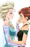  anna_(frozen) blonde_hair blue_dress braid breasts brown_hair cheek_squash dress elsa_(frozen) eye_contact eyeshadow freckles french_braid frozen_(disney) fujimaru_(kinakomucch) green_eyes jewelry long_hair looking_at_another makeup medium_breasts multiple_girls necklace off_shoulder siblings simple_background sisters white_background 