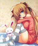  absurdres ahoge bare_shoulders bed_sheet blue_eyes blush breasts brown_hair hair_ribbon highres large_breasts long_hair looking_at_viewer pillow ribbon sitting smile solo striped striped_legwear stuffed_animal stuffed_bunny stuffed_toy sweater thighhighs tomose_shunsaku 