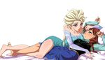  anna_(frozen) barefoot blonde_hair blue_dress blue_eyes blush braid breasts brown_hair dress elsa_(frozen) eye_contact freckles frozen_(disney) fujimaru_(kinakomucch) incest long_hair looking_at_another lying medium_breasts multiple_girls off_shoulder on_back on_bed siblings simple_background sisters smile white_background yuri 