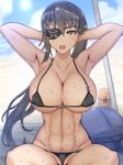  :o abs armpits arms_behind_head arms_up beach bikini black_bikini black_hair blush borrowed_character breasts brown_eyes cleavage collarbone commentary_request eyepatch highres large_breasts long_hair looking_at_viewer micro_bikini muscle muscular_female navel nekoshi ocean open_mouth original outdoors ponytail sitting skull_print solo spread_legs sweat swimsuit tsurime underboob v-shaped_eyebrows 