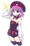  &gt;:) bare_shoulders belt beret black_legwear chan_co cowboy_shot cropped_legs detached_collar detached_sleeves fate/grand_order fate_(series) flat_chest hat helena_blavatsky_(fate/grand_order) looking_at_viewer purple_eyes purple_hair salute short_hair simple_background smile solo thighhighs tree_of_life v-shaped_eyebrows white_background white_sleeves 