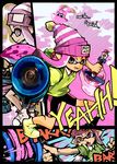  beanie bike_shorts disruptor_(splatoon) domino_mask fangs hat holding holding_weapon ink_tank_(splatoon) inkling l-3_nozzlenose_(splatoon) looking_at_viewer mask mineta_naoki open_mouth paint_splatter pointy_ears shirt shoes single_vertical_stripe smile solo splatoon_(series) splatoon_1 standing t-shirt tentacle_hair weapon 