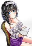  bad_id bad_pixiv_id bare_shoulders black_hair blue_eyes blush book breasts garana hairband holding holding_book idolmaster idolmaster_cinderella_girls large_breasts long_hair looking_at_viewer off-shoulder_sweater open_book ribbed_sweater sagisawa_fumika sketch solo sweater 