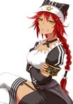  braids collar crossed_arms dark_skin detached_sleeves frills hat hat_ribbon jing_hu long_sleeves lupusregina_beta maid maid_apron overlord_(maruyama) red_hair simple_background solo thighhighs twin_braids yellow_eyes 
