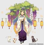  bare_shoulders blush cat ddal detached_sleeves green_hair hakama head_tilt highres japanese_clothes long_hair looking_at_viewer miko purple_hakama smile solo wide_sleeves 
