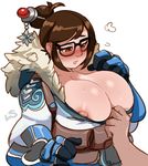  1girl areolae blush breasts brown_eyes brown_hair cleavage glasses hair_bun hairpin large_breasts lightsource mei_(overwatch) nipples overwatch parted_lips plump 