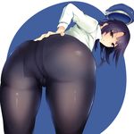  ass bent_over black_hair blush breasts from_behind hand_on_ass hat huge_ass kantai_collection large_breasts leaning leaning_forward looking_at_viewer omochi_(chirori01) open_mouth panties panties_under_pantyhose pantyhose red_eyes shiny shiny_clothes shiny_hair short_hair solo takao_(kantai_collection) 
