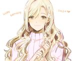  blonde_hair blush edit fire_emblem fire_emblem_if flower foleo_(fire_emblem_if) hair_between_eyes hair_flower hair_ornament happy_birthday long_hair looking_at_viewer ribbed_sweater simple_background smile solo sophie_(693432) sweater trap turtleneck white_background yellow_eyes 