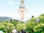  big_belly bikini blush breasts brown_hair fat giantess hill huge_breasts navel original outdoors panah red_eyes short_hair solo swimsuit thick_thighs thighs tree 