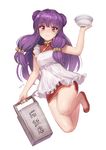  apron arm_up artist_name bangs bare_legs bell blunt_bangs bowl box china_dress chinese_clothes closed_mouth double_bun dress eyebrows eyebrows_visible_through_hair food_delivery_box full_body hair_bell hair_ornament holding holding_bowl long_hair looking_at_viewer meto31 no_socks purple_hair ranma_1/2 red_dress red_eyes red_footwear shampoo_(ranma_1/2) shoes short_dress sidelocks simple_background smile solo toe_cleavage very_long_hair white_apron white_background 