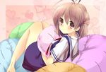  brown_eyes brown_hair clannad cushion dango_daikazoku furukawa_nagisa hikarizaka_private_high_school_uniform momijiko okazaki_tomoya pillow school_uniform serafuku short_hair 