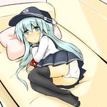  ass bed black_legwear blue_eyes blush commentary_request flat_cap goodsun_sunkumi hat hibiki_(kantai_collection) highres kantai_collection long_hair looking_at_viewer lying on_side panties pillow school_uniform serafuku shirt silver_hair skirt solo thighhighs underwear white_panties yes yes-no_pillow 