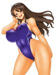  ashigara_(kantai_collection) breasts brown_eyes brown_hair competition_swimsuit fang hairband kantai_collection kawanuma_uotsuri large_breasts long_hair one-piece_swimsuit solo standing swimsuit 
