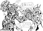  autobot clenched_hand decepticon face_punch greyscale in_the_face injury kamizono_(spookyhouse) machinery mecha megatron monochrome multiple_boys no_humans open_mouth optimus_prime punching transformers translation_request 