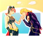  ... 1boy 1girl arm_behind_back bad_id bad_pixiv_id black_hair blonde_hair braid bug butterfly closed_eyes double_bun giorno_giovanna hair_tie hand_kiss holding_hand insect jojo_no_kimyou_na_bouken kiss kuujou_jolyne lipstick makeup midriff misumi_(oi-xxx) multicolored_hair navel_piercing piercing pink_hair single_braid spoken_ellipsis spoken_exclamation_mark tattoo two-tone_hair wrist_cuffs yellow_eyes yellow_lipstick 