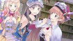  atelier_(series) atelier_meruru atelier_rorona atelier_totori blue_eyes breasts brown_eyes brown_hair cleavage collarbone detached_sleeves hair_ornament hat jewelry kishida_mel light_brown_hair long_hair medium_breasts merurulince_rede_arls multiple_girls necklace official_art open_mouth rororina_fryxell small_breasts sweatdrop tears totooria_helmold 