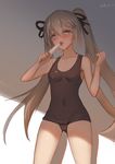  2016 absurdres ass_visible_through_thighs baliu blush cameltoe cream dated food highres kasugano_sora one-piece_swimsuit popsicle school_swimsuit silver_eyes silver_hair solo swimsuit twintails yosuga_no_sora 