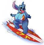  2019 3_toes 4_fingers alien big_breasts bikini blue_eyes blue_fur blue_nose breasts clothing collar crossgender disney experiment_(species) female fur hi_res huge_breasts lilo_and_stitch notched_ear open_mouth open_smile pofuilly short_stack simple_background small_tail smile solo sparkles stitch surfboard surfing swimsuit toes tongue tongue_out water white_background 