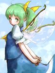  arms_behind_back ascot blue_sky cloud daiyousei day fairy_wings green_eyes green_hair hair_ribbon highres hoshibuchi interlocked_fingers looking_at_viewer pointy_ears puffy_short_sleeves puffy_sleeves ribbon shirt short_sleeves side_ponytail skirt skirt_set sky solo touhou vest wings 