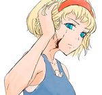  alice_margatroid alternate_costume bare_shoulders blonde_hair blue_eyes commentary cracked_skin frown hairband hand_in_hair short_hair solo toucanpecan touhou upper_body 