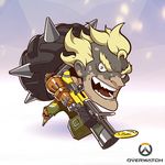  artist_request blonde_hair chibi copyright_name eyebrows full_body junkrat_(overwatch) lowres male_focus mechanical_arm official_art open_mouth overwatch peg_leg shirtless solo thick_eyebrows tire weapon 