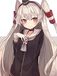  amatsukaze_(kantai_collection) arm_behind_back blush brown_eyes closed_mouth dress gloves grey_hair grey_neckwear hair_tubes hand_on_own_chest hat kantai_collection long_hair looking_at_viewer neckerchief sailor_dress shugao smile solo two_side_up very_long_hair white_gloves 