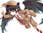  black_footwear black_hair black_wings brown_jacket cabbie_hat chikuwa_savi dutch_angle forbidden_scrollery hat highres jacket kneehighs long_sleeves necktie pointy_ears red_eyes red_neckwear shameimaru_aya shoes short_hair shorts simple_background smile solo touhou white_background white_legwear wings 