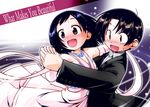  1girl black_hair blush brown_eyes dancing dress formal hisame_genta open_mouth sesuji_wo_pin!_to short_hair smile suit tsuchiya_masaharu watari_eri 