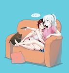  barefoot blue_eyes blush brown_hair casual chinese commentary controller couch couple cuddling error hair_ornament hairclip hug kuma_(bloodycolor) mouth_hold multiple_girls pillow ponytail remote_control ruby_rose rwby scrunchie sitting thought_bubble translated weiss_schnee white_hair wrong_feet yuri 